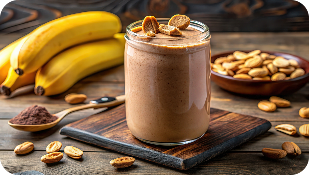 Chocolate Peanut Butter Protein Shake in glass on a wood table with bananas, peanuts and chocolate protein powder scattered around it.