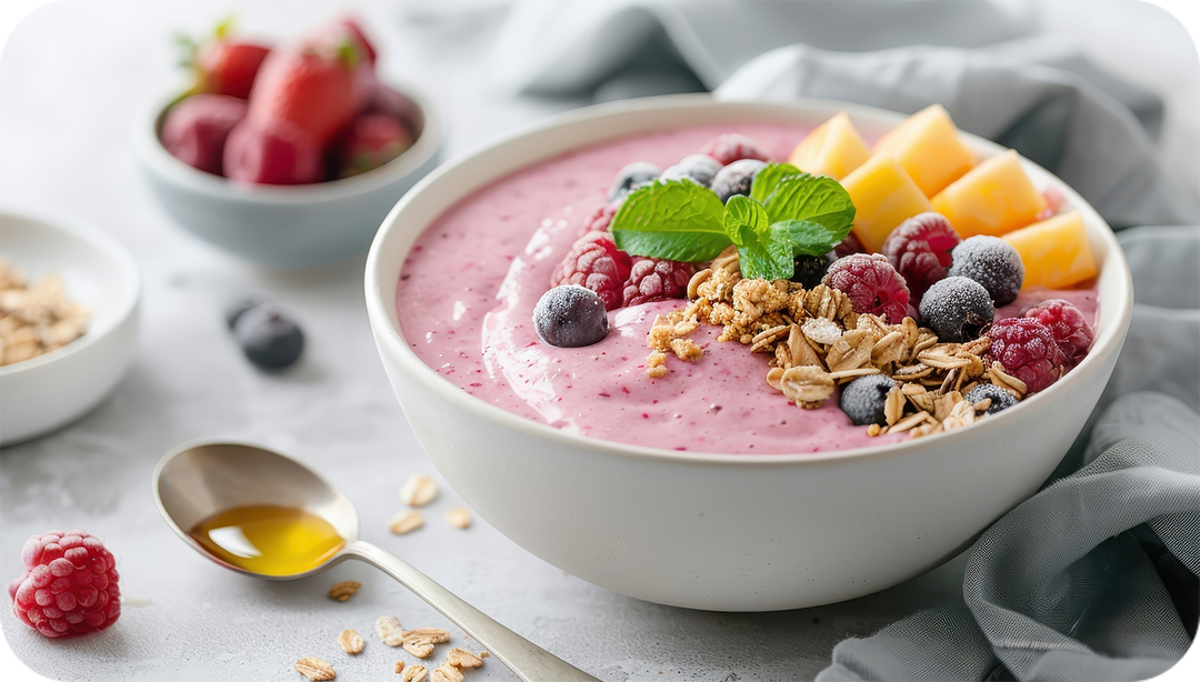 Berry smoothie bowl with assorted berries, granola and fruit on top. Table-scape with berries, a spoon of honey, and granola scattered around., 