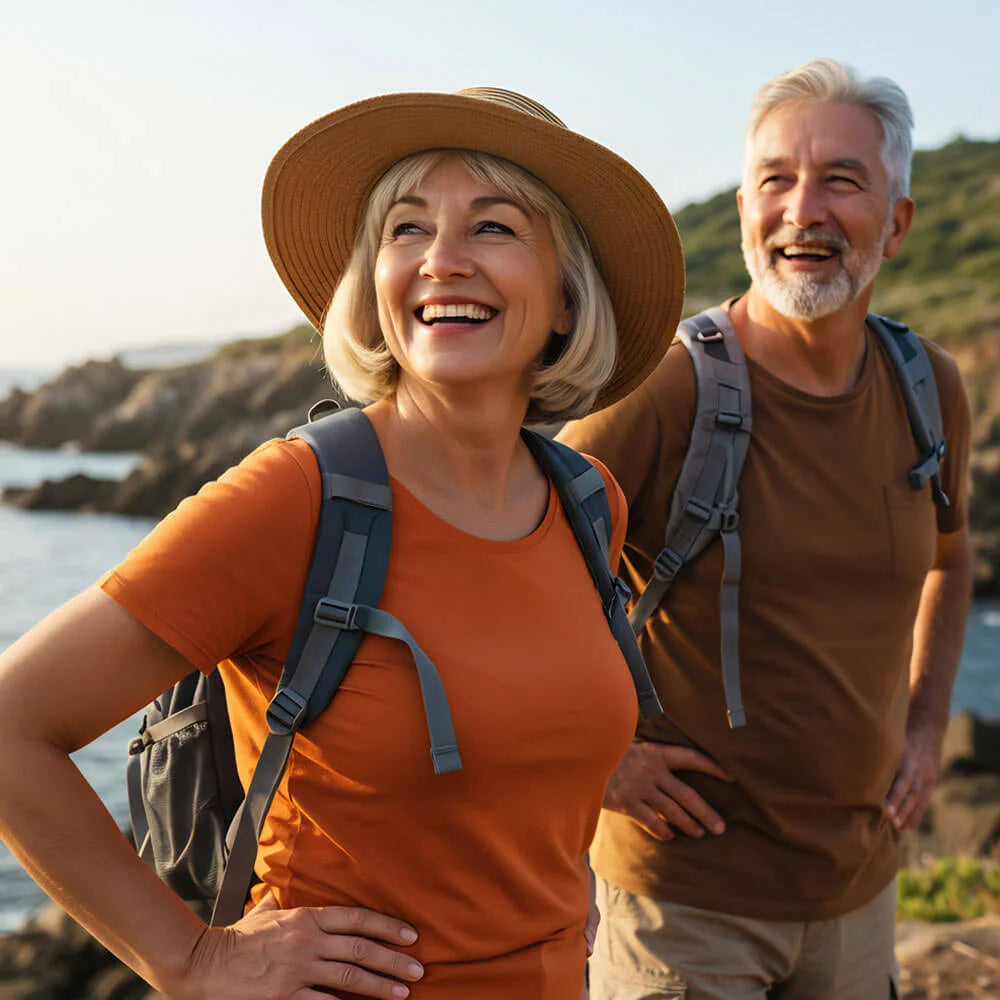 Two people hiking with backpacks on a scenic coastal path.