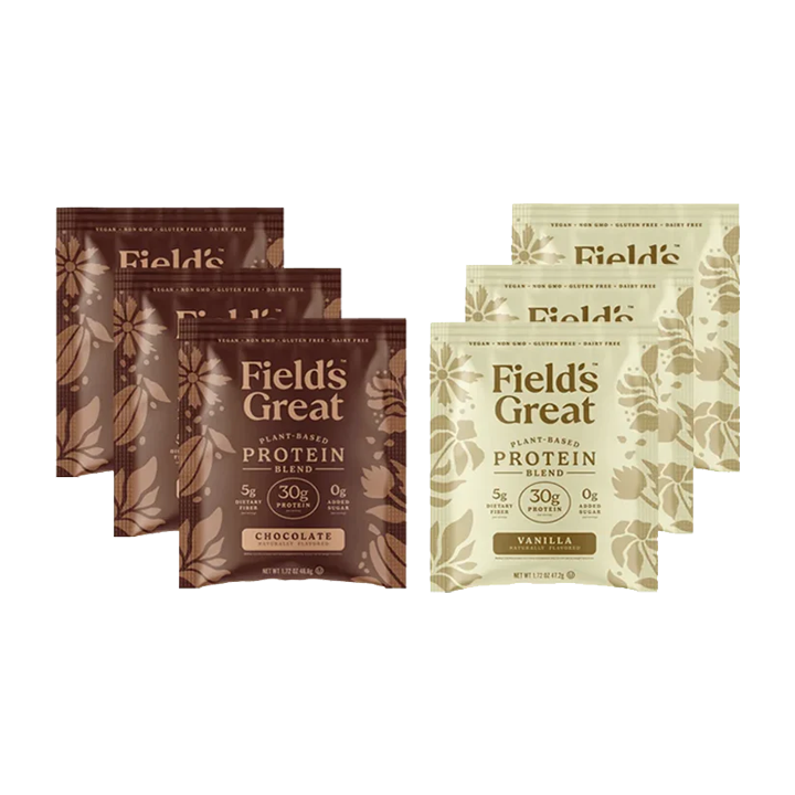 Field's Great Protein Blend packets in chocolate and vanilla flavors on a white background