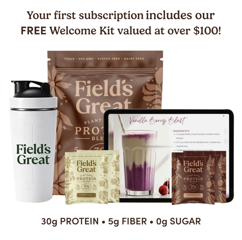 Promotional image of Field's Great protein products including a shaker, package, and tablet with a free welcome kit offer.